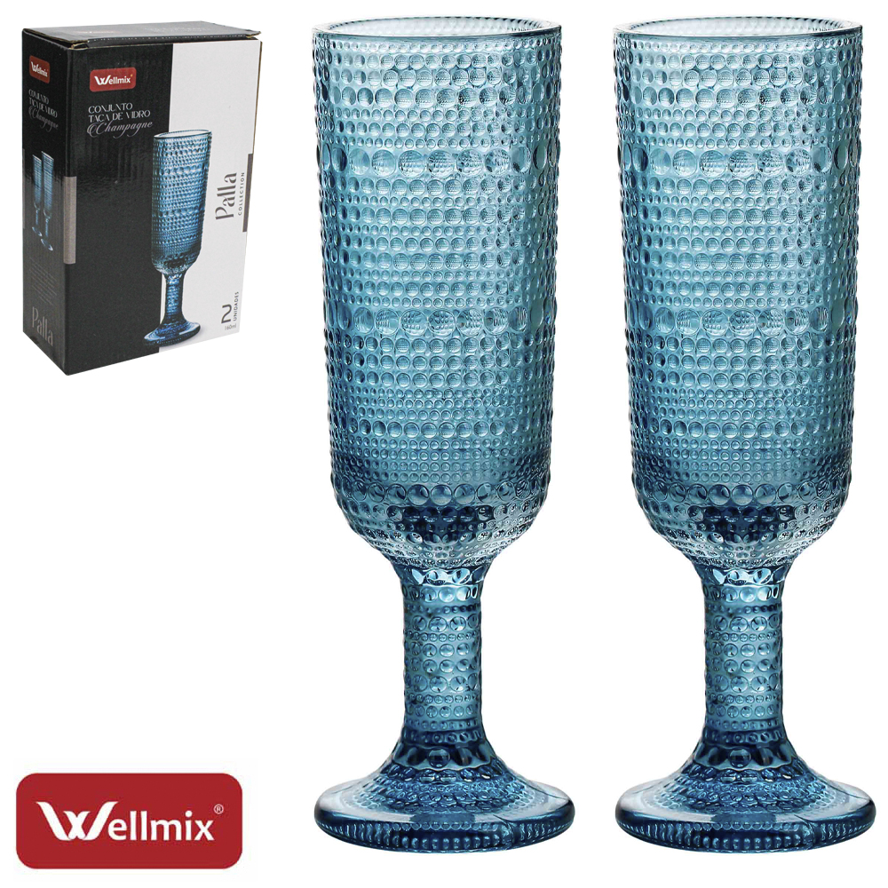 JOGO DE TACA DE VIDRO PARA CHAMPANHE CHAMPAGNE PALLA COLLECTION AZUL ESCURO COM 2 PECAS 160ML