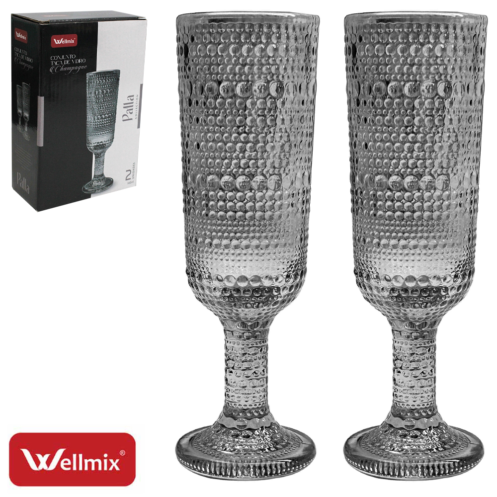JOGO DE TACA DE VIDRO PARA CHAMPANHE CHAMPAGNE PALLA COLLECTION PRETO FUME COM 2 PECAS 160ML