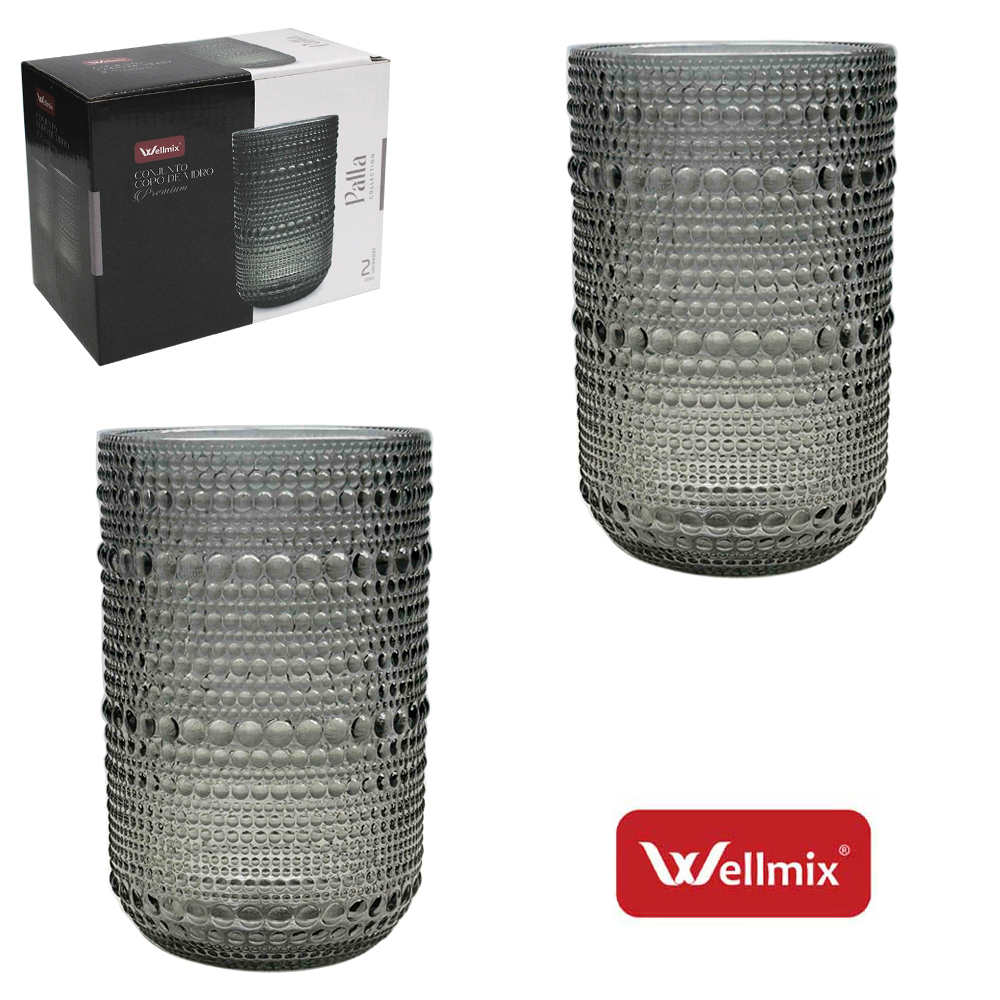 JOGO DE COPO DE VIDRO PREMIUM PALLA COLLECTION CINZA COM 2 PECAS 450ML