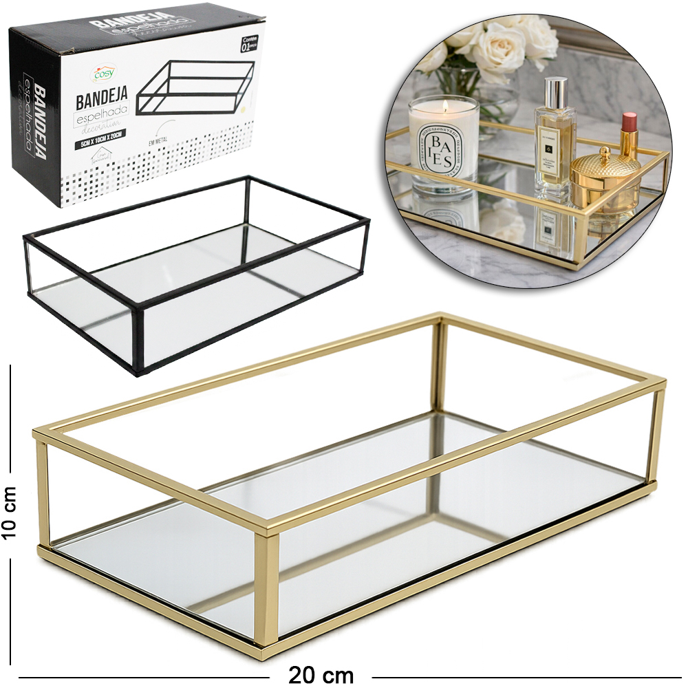 BANDEJA ARAMADO COM ESPELHO RETANGULAR DECORATIVA METALIZADO DOURADO / PRETO 20X10X5CM