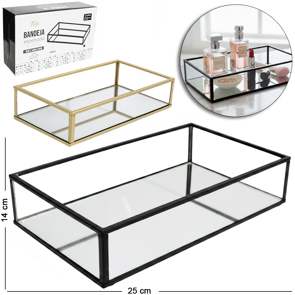 BANDEJA ARAMADO COM ESPELHO RETANGULAR DECORATIVA METALIZADO DOURADO / PRETO 24X14X5CM