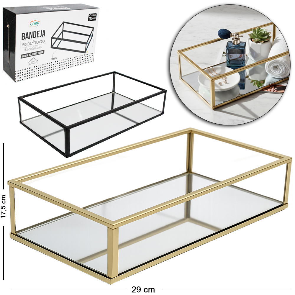 BANDEJA ARAMADO COM ESPELHO RETANGULAR DECORATIVA METALIZADO DOURADO / PRETO 29X17,5X6CM