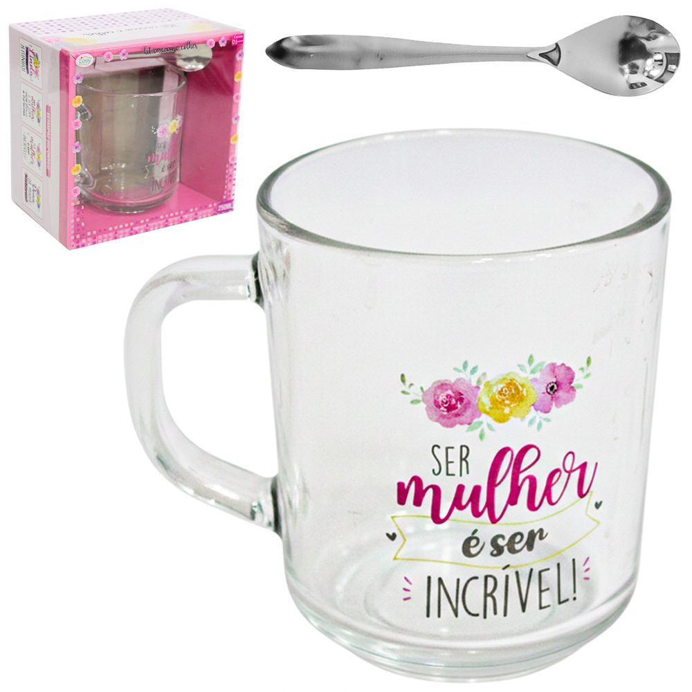 CANECA XICARA DE VIDRO FRASES 250ML + COLHER DE INOX