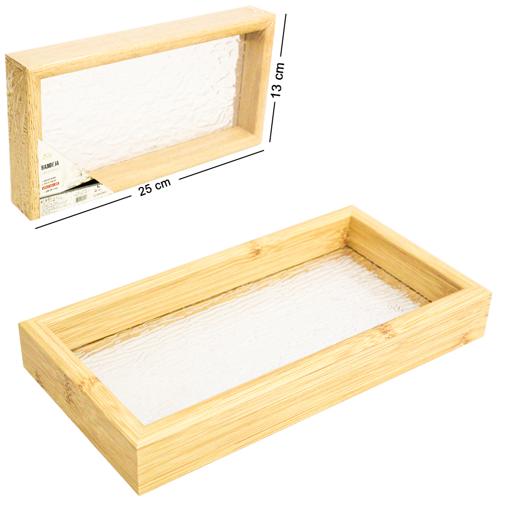 BANDEJA DE MADEIRA MDF COM FUNDO DE ACRILICO DECORATIVA 25X13X3,5CM