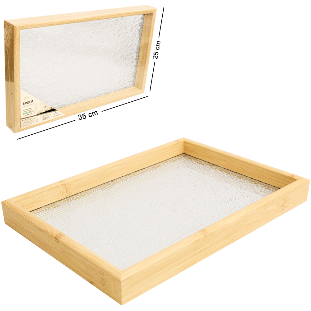 BANDEJA DE MADEIRA MDF COM FUNDO DE ACRILICO DECORATIVA 35X25X3,5CM