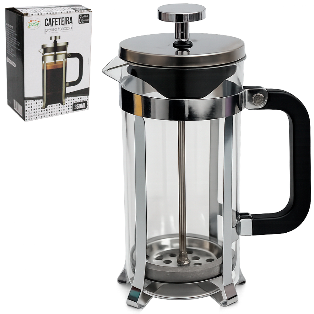 CAFETEIRA FRANCESA / CHALEIRA DE VIDRO 360ML COM TAMPA E BASE DE INOX