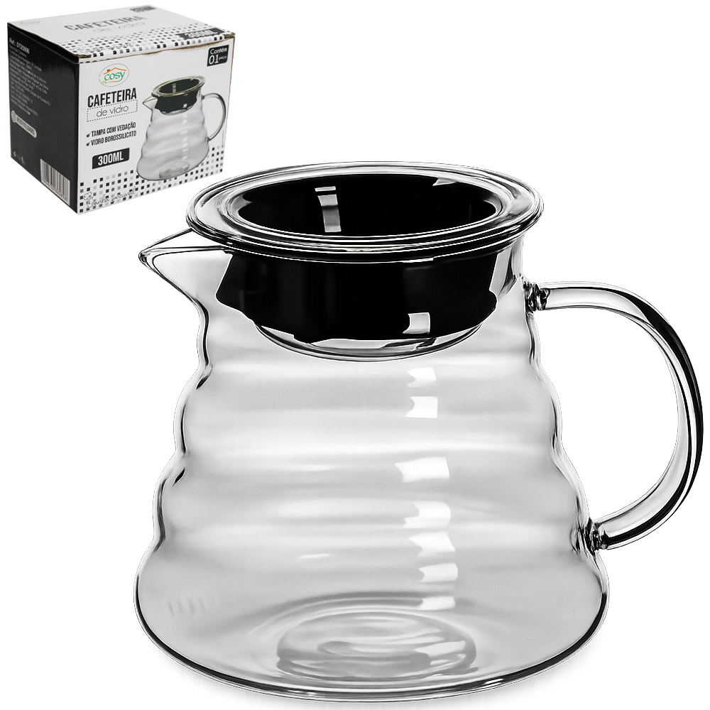 CAFETEIRA DE VIDRO BOROSSILICATO COM TAMPA HERMETICA 300ML
