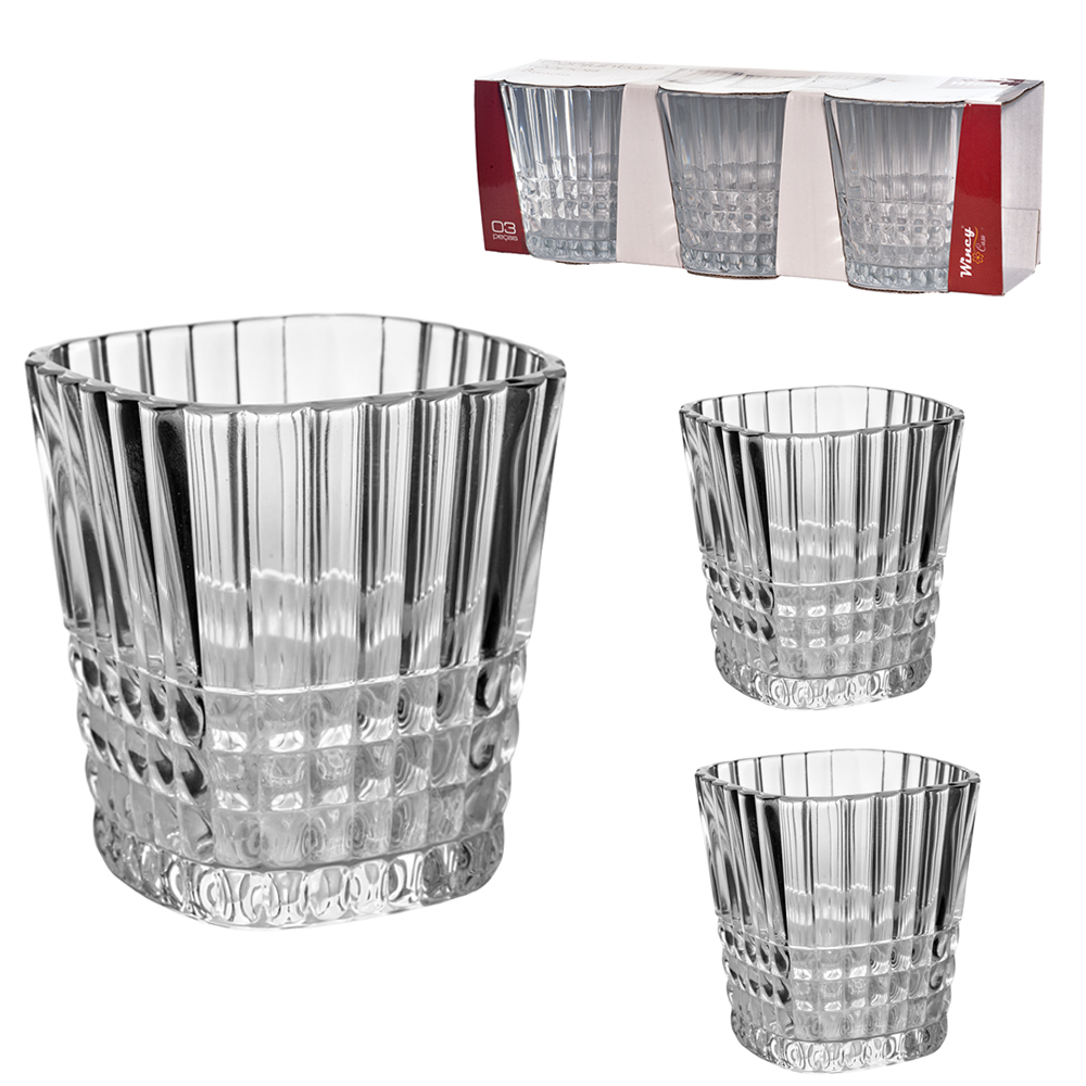 JOGO DE COPO DE VIDRO QUADRADO WHISKY BRESCIA COM 3 PECAS 300ML