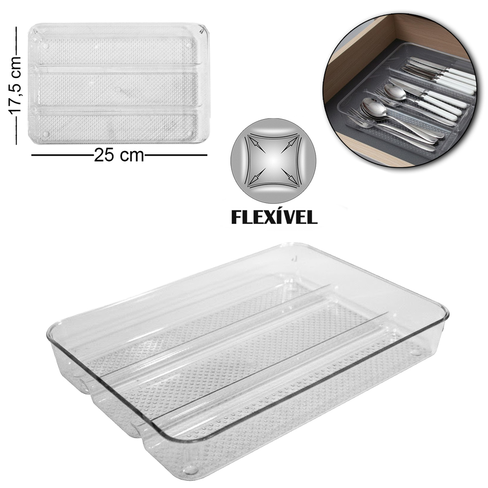 PORTA TALHER DE GAVETA DE PLASTICO PET FLEXIVEL COM 3 DIVISORIAS 25X17,5X3,5CM