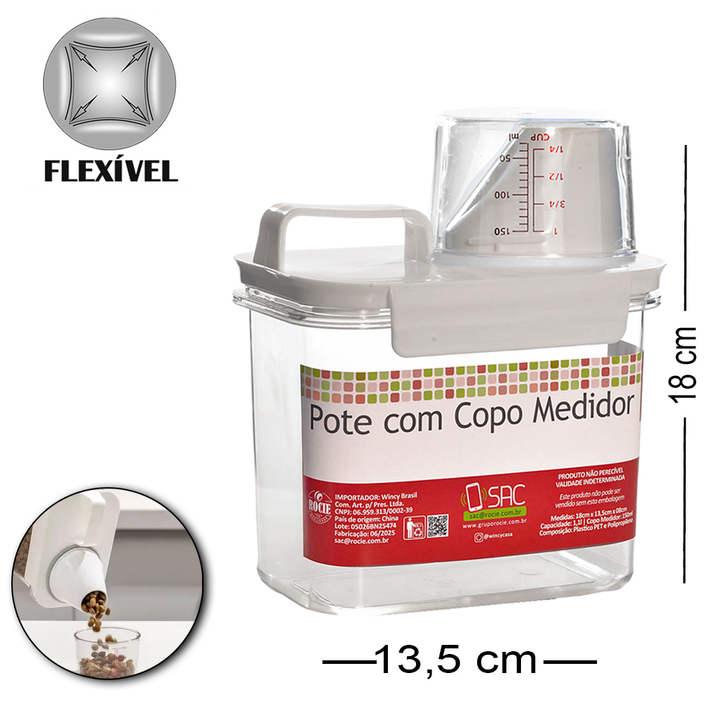 DISPENSER PORTA CEREAL DE PLASTICO PET FLEXIVEL COM COPO TAMPA 1100/150ML
