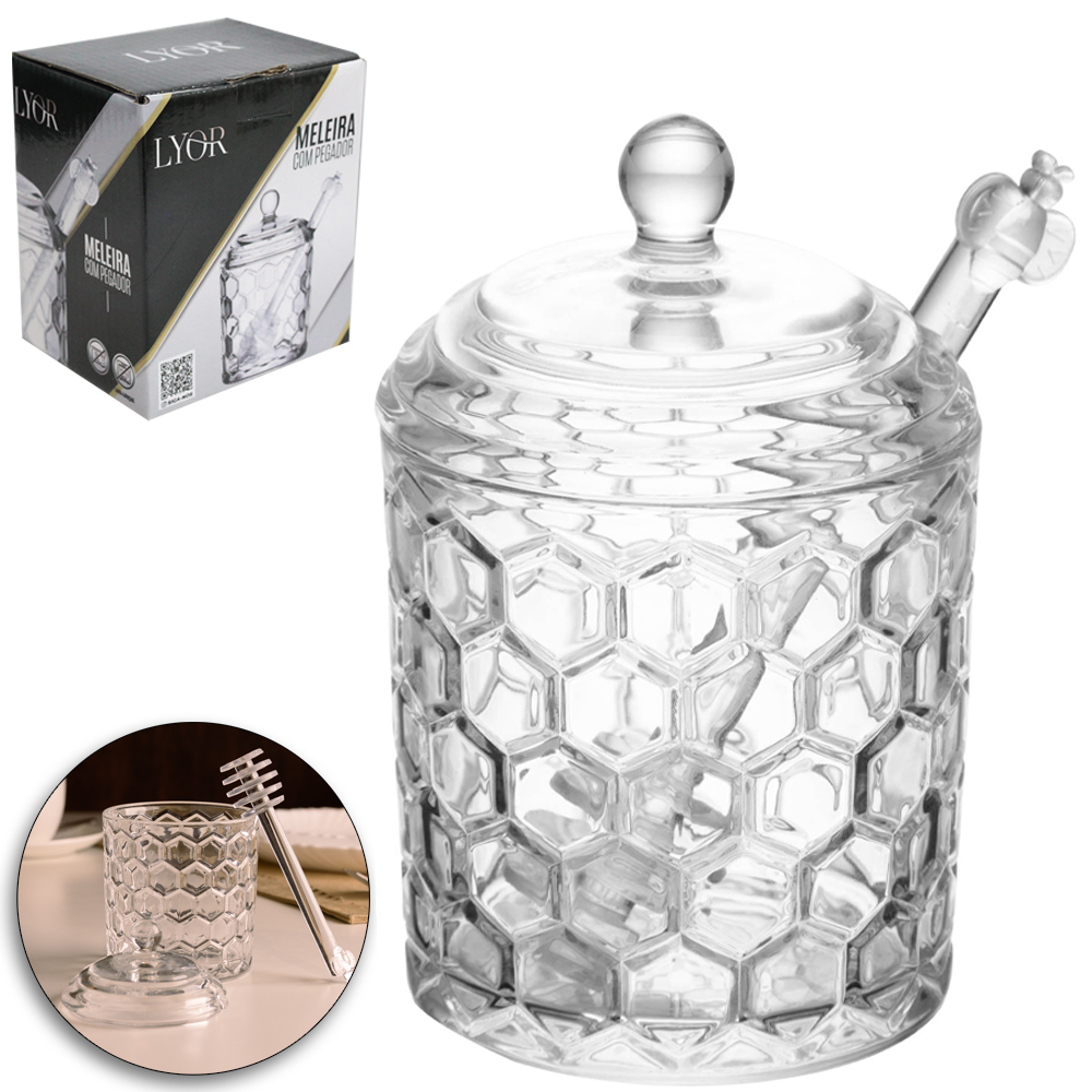 PORTA MEL / MELEIRA DE VIDRO COM TAMPA + PEGADOR DE ACRILICO FAVO 270ML