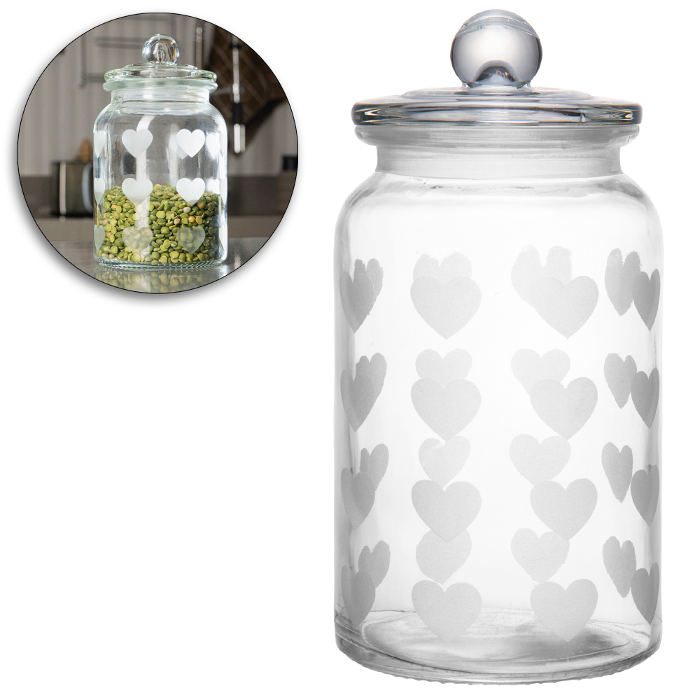 POTE DE VIDRO REDONDO CORACAO COM TAMPA HERMETICA DE VIDRO 1L