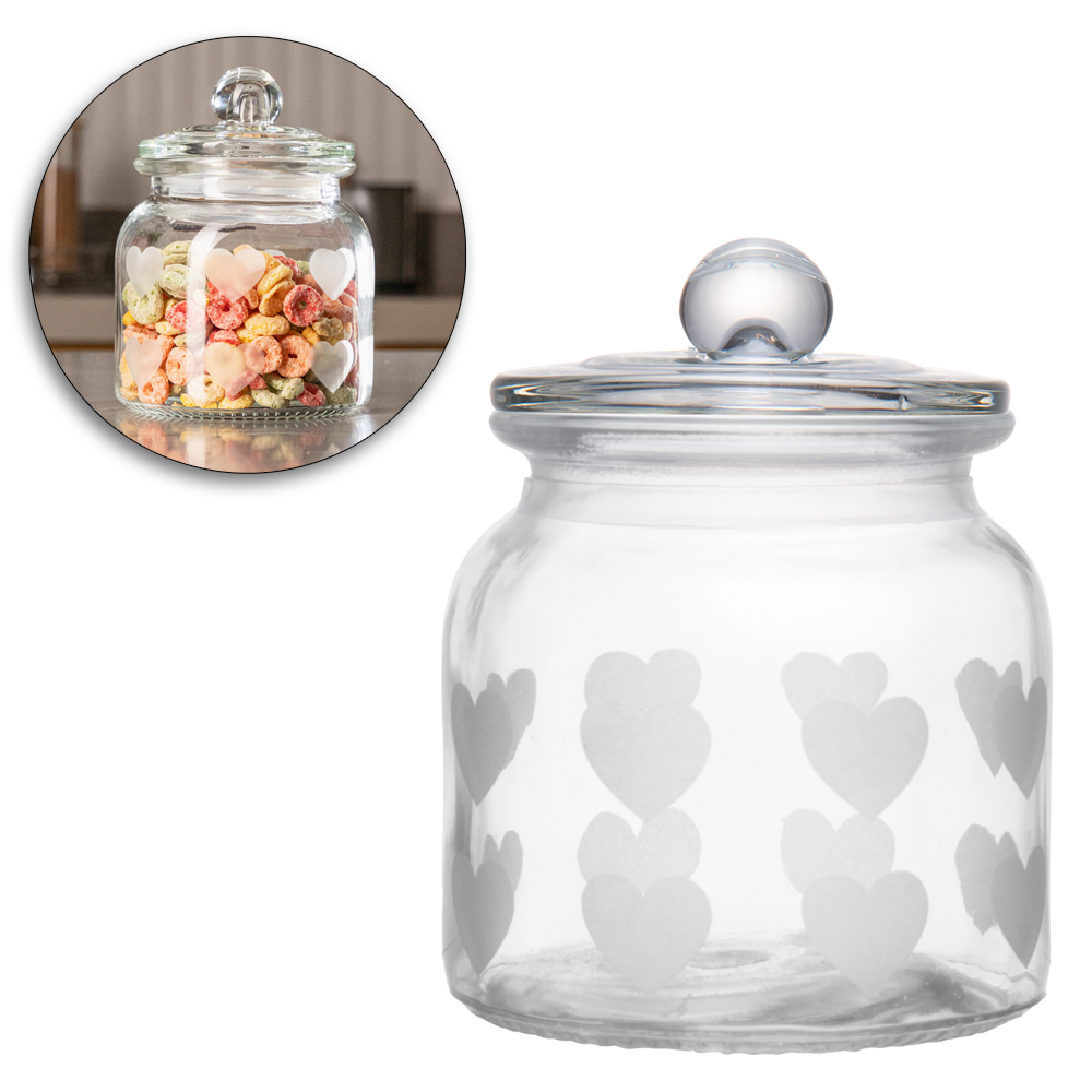 POTE DE VIDRO REDONDO CORACAO COM TAMPA HERMETICA DE VIDRO 650ML