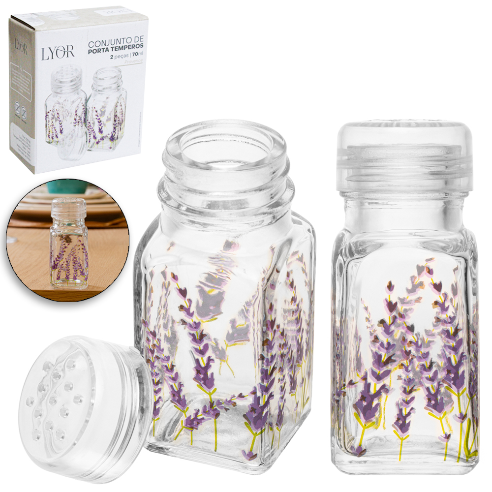 SALEIRO COM PIMENTEIRO DE MESA DE VIDRO COM TAMPA DE PLASTICO PROVENCE 2 PECAS 70ML