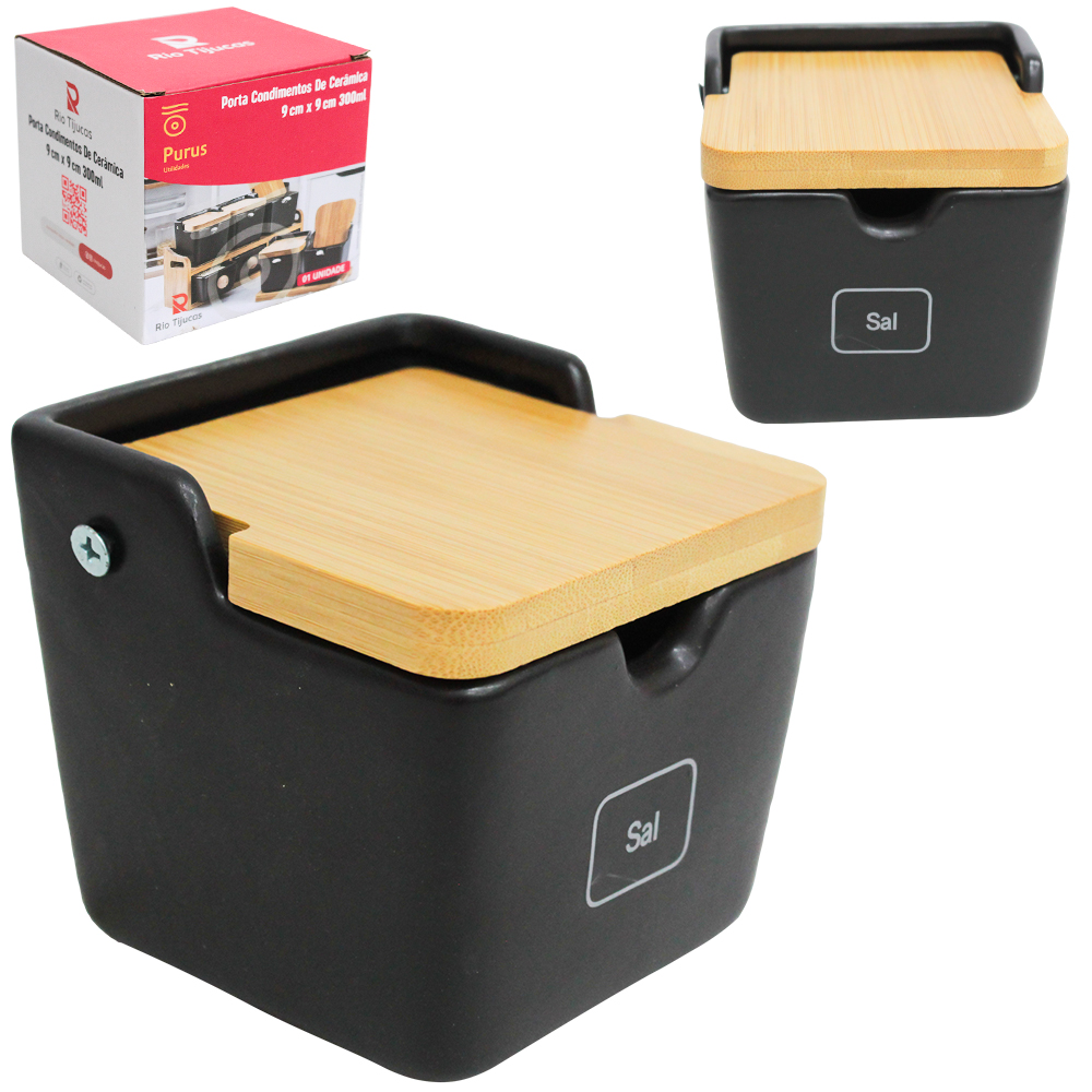 SALEIRO DE PORCELANA COM TAMPA DE BAMBU 300ML