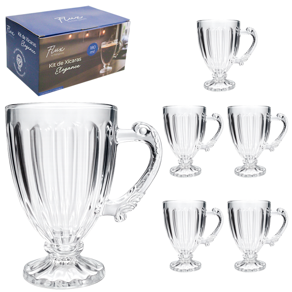 JOGO DE CANECA XICARA DE VIDRO PARA CAFE / CAPPUCCINO ELEGANCE COM 6 PECAS 180ML