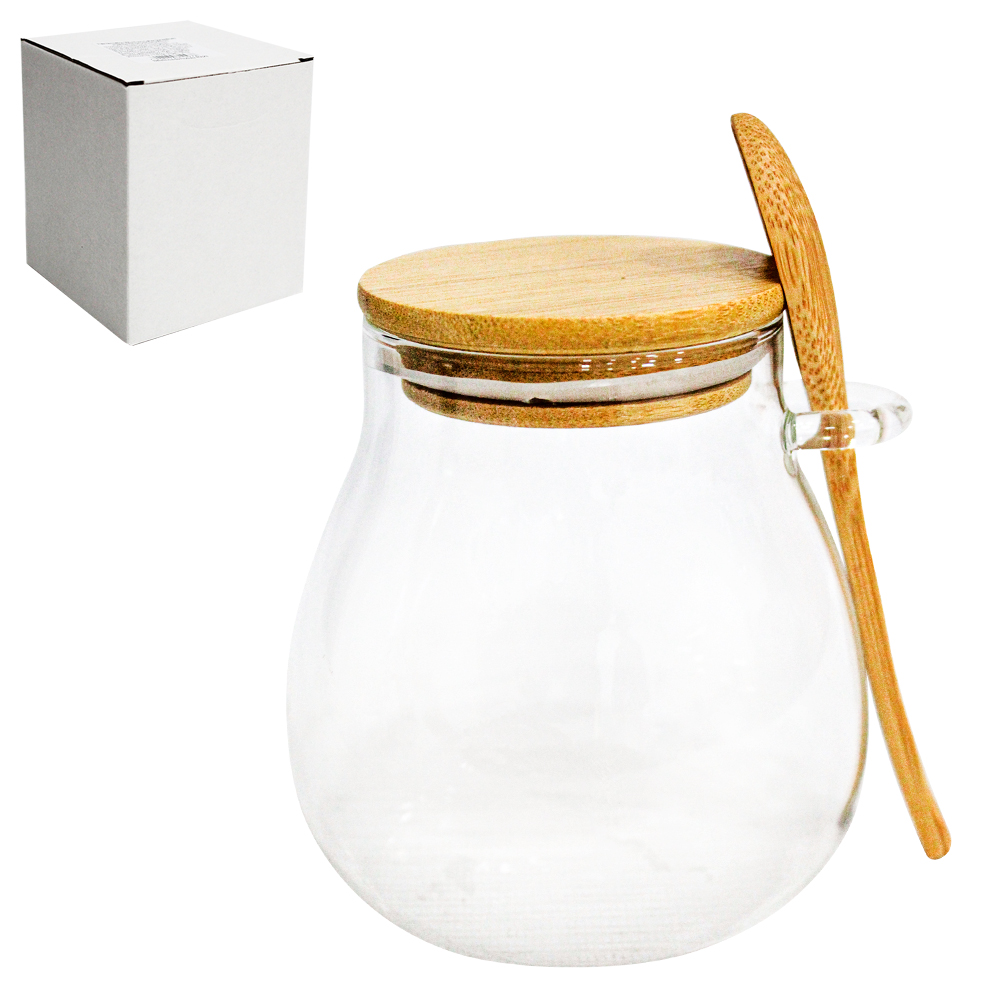 POTE DE VIDRO BOROSSILICATO LISO REDONDO COM ALCA + COLHER E TAMPA HERMETICA MADEIRA / BAMBU 350ML