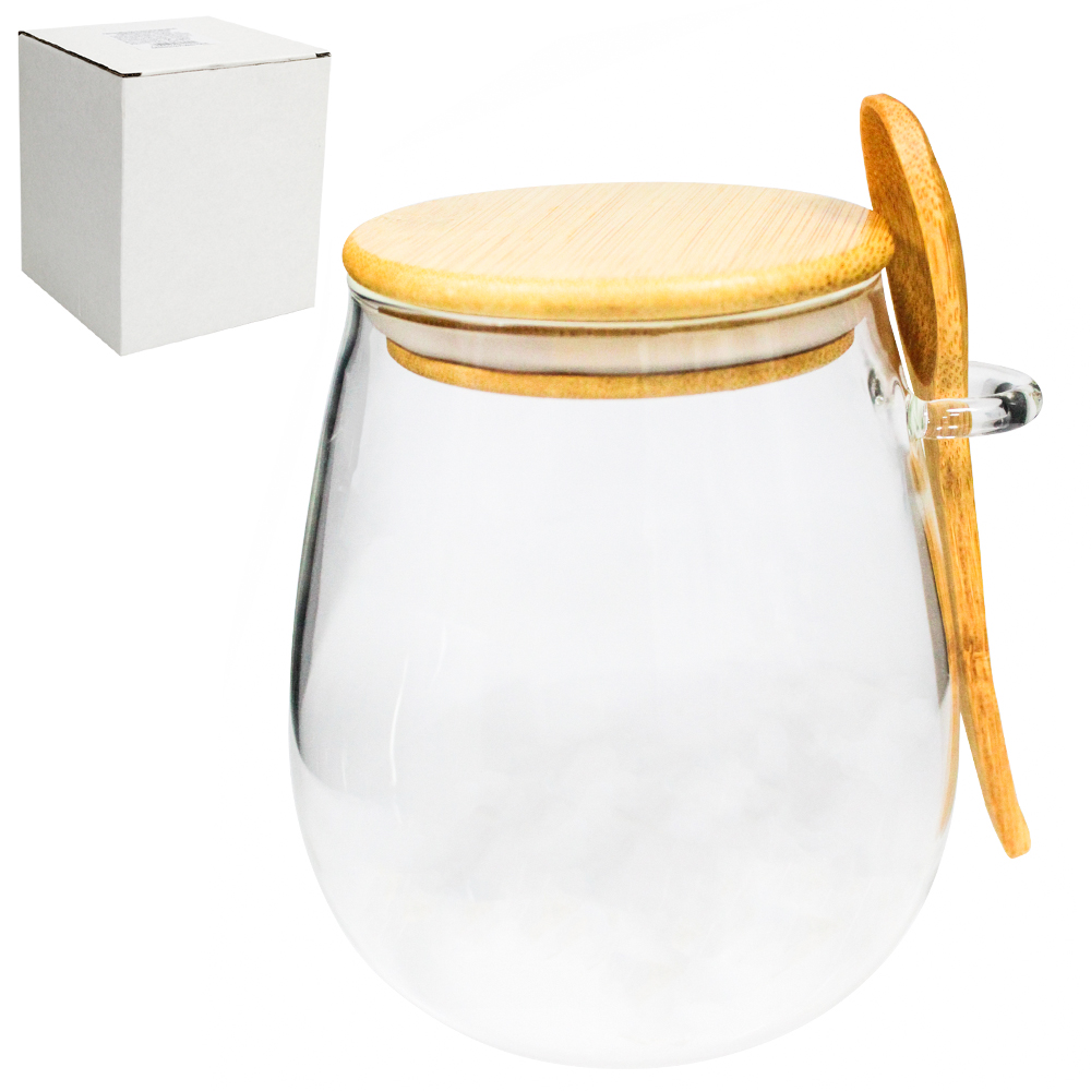 POTE DE VIDRO BOROSSILICATO LISO REDONDO COM ALCA + COLHER E TAMPA HERMETICA MADEIRA / BAMBU 700ML