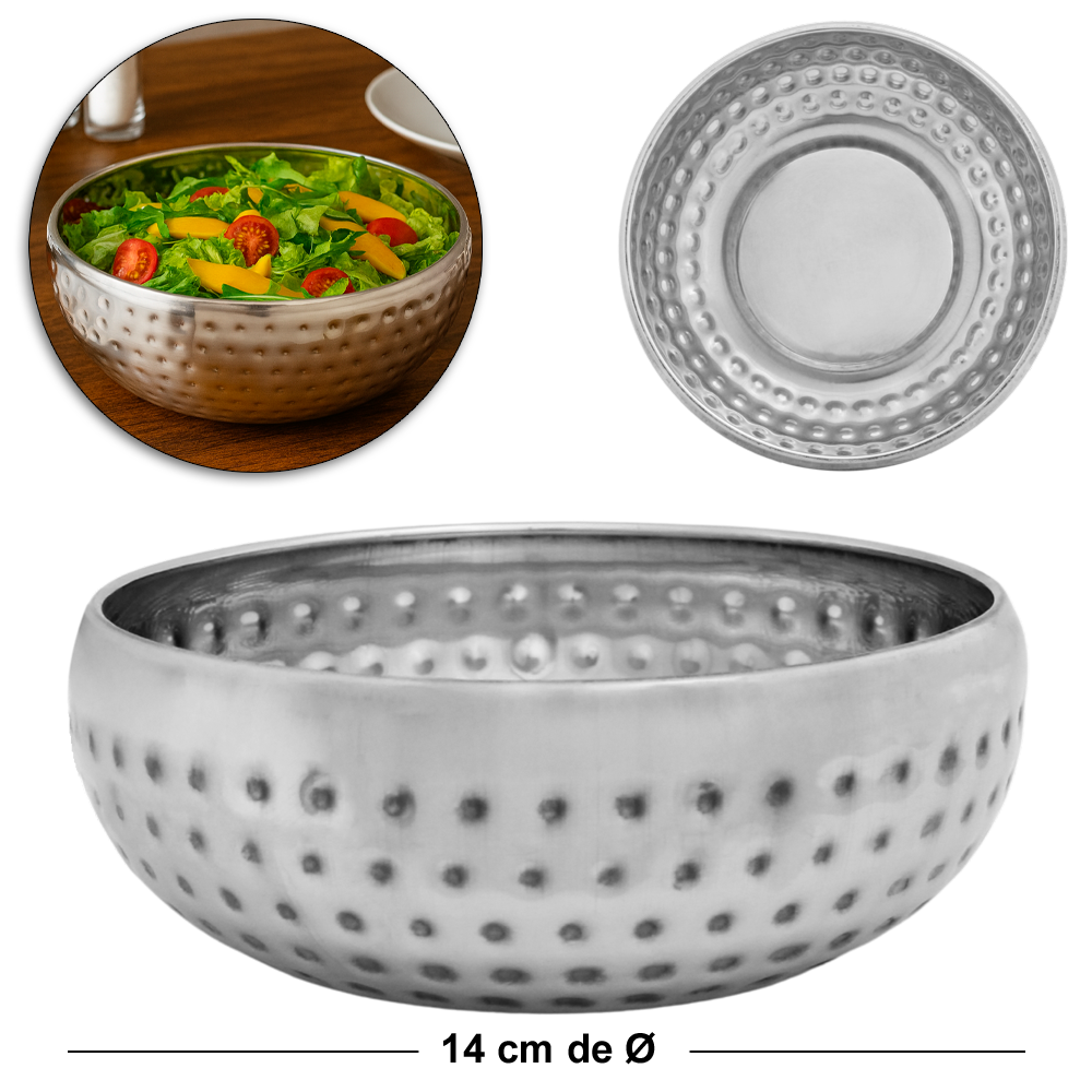 TIGELA SALADEIRA DE INOX REDONDA MARTELADO P 570ML 14CM DE Ø