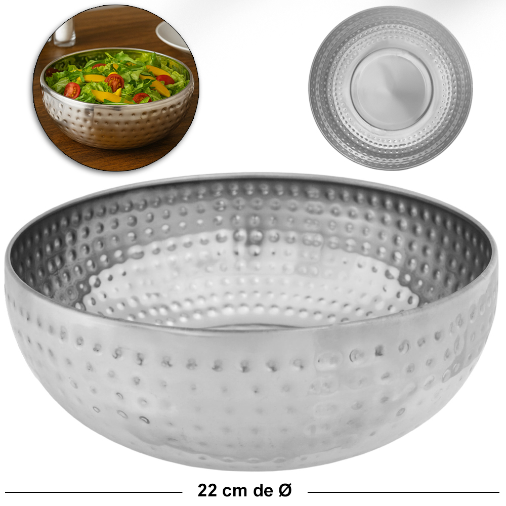TIGELA SALADEIRA DE INOX REDONDA MARTELADO G 2650ML 22CM DE Ø