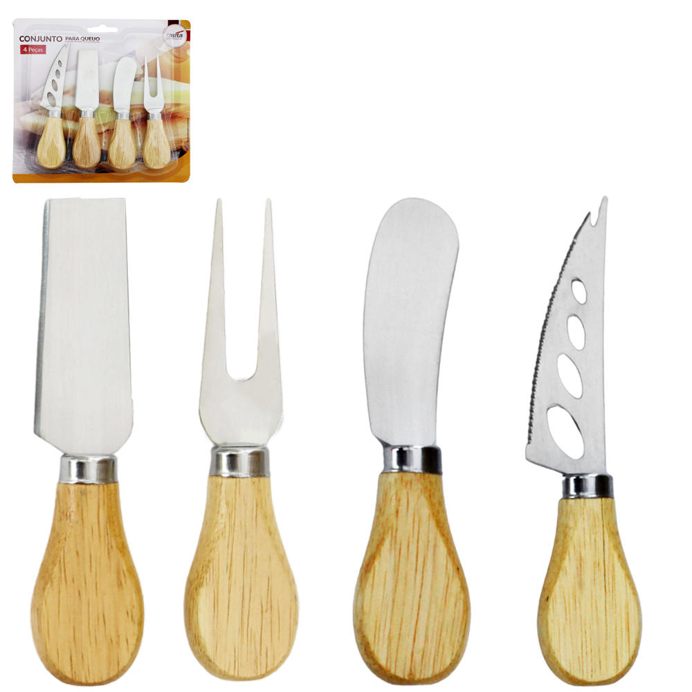 CONJUNTO PARA QUEIJO E FRIOS COM 2 FACAS + GARFO E ESPATULA DE INOX CABO MADEIRA