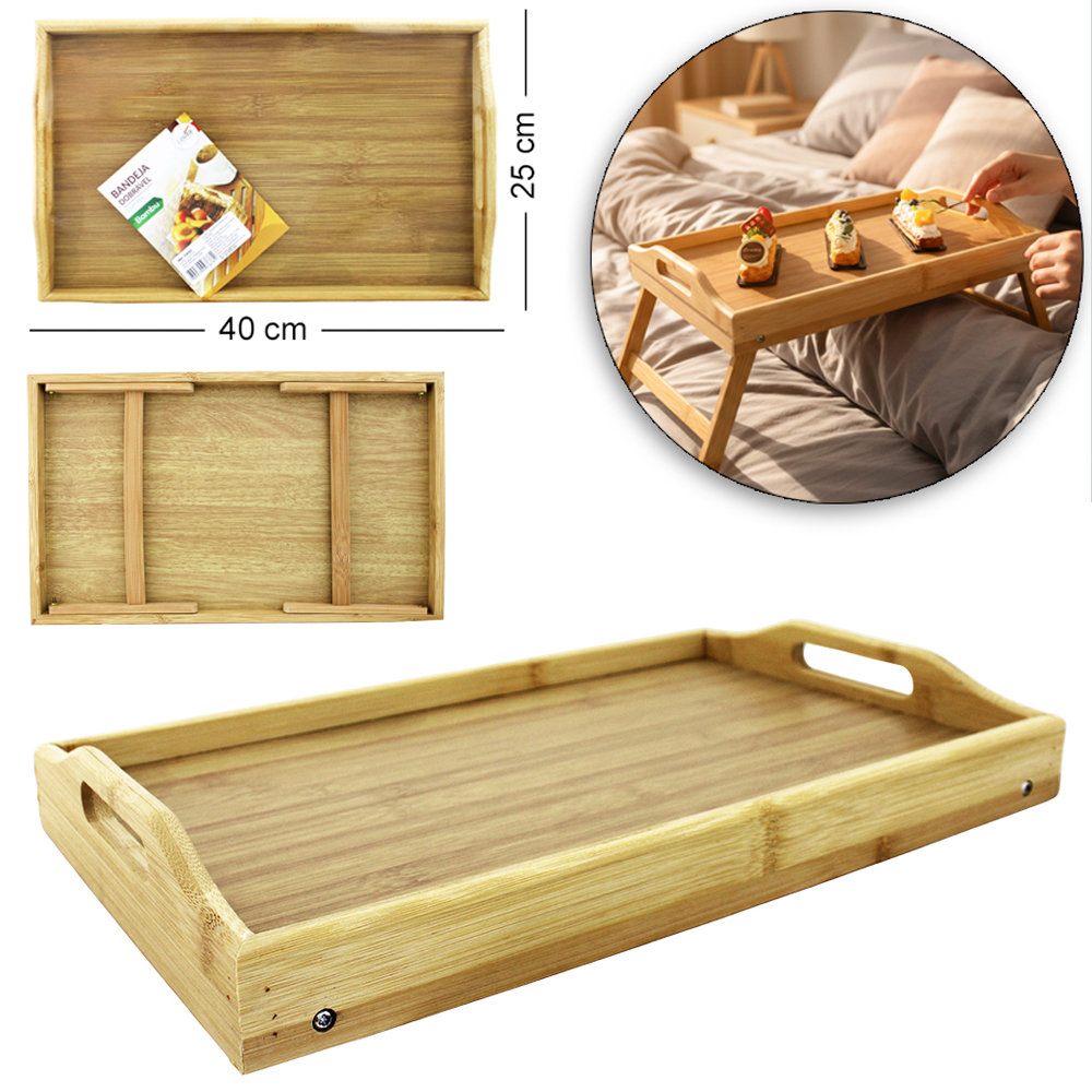 MESA BANDEJA DE BAMBU RETANGULAR COM PES RETRATEIS + ALCA 40X25X17,5CM