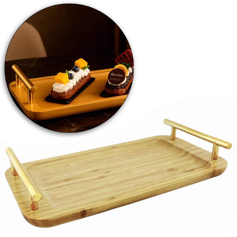 BANDEJA PETISQUEIRA DE BAMBU RETANGULAR COM ALCA DE PLASTICO DOURADO 31X15,7X5CM