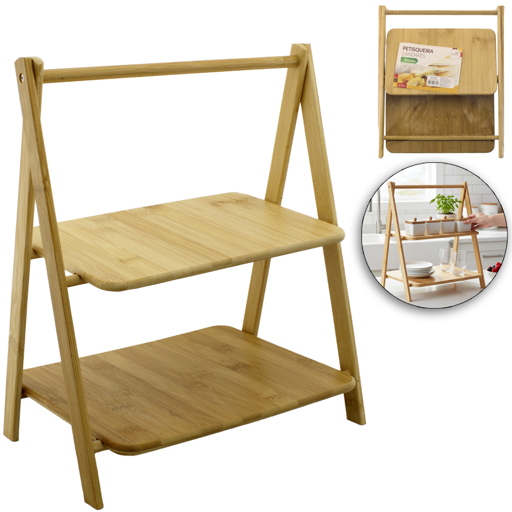 PETISQUEIRA DE BAMBU COM 2 ANDARES COM ALCA E PES DOBRAVEL MULTIUSO 37,5X32X22CM