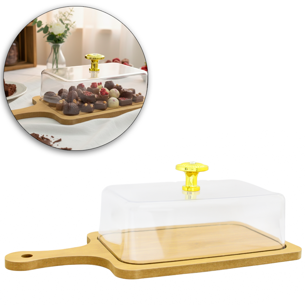 BANDEJA TABUA PETISQUEIRA DE MDF RETANGULAR COM PEGADOR + TAMPA DE ACRILICO 26X12,5X8CM