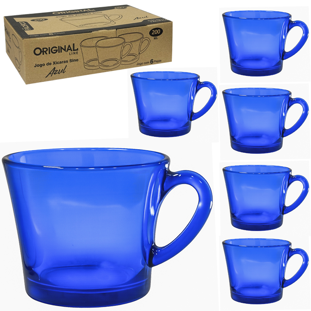 JOGO DE CANECA XICARA DE VIDRO PARA CHA SINO PACIFICO AZUL COM 6 PECAS 200ML