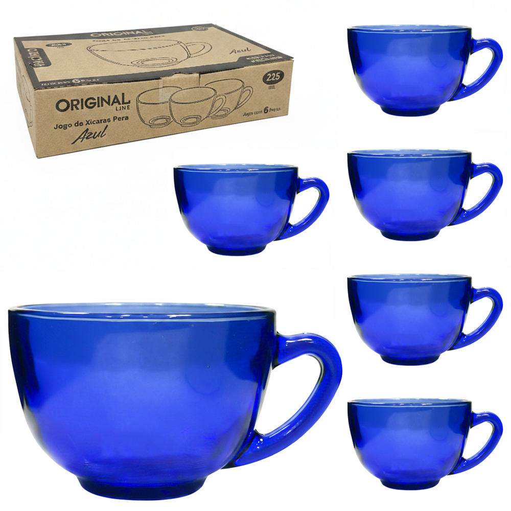 JOGO DE CANECA XICARA DE VIDRO PARA CHA PERA PACIFICO AZUL COM 6 PECAS 225ML