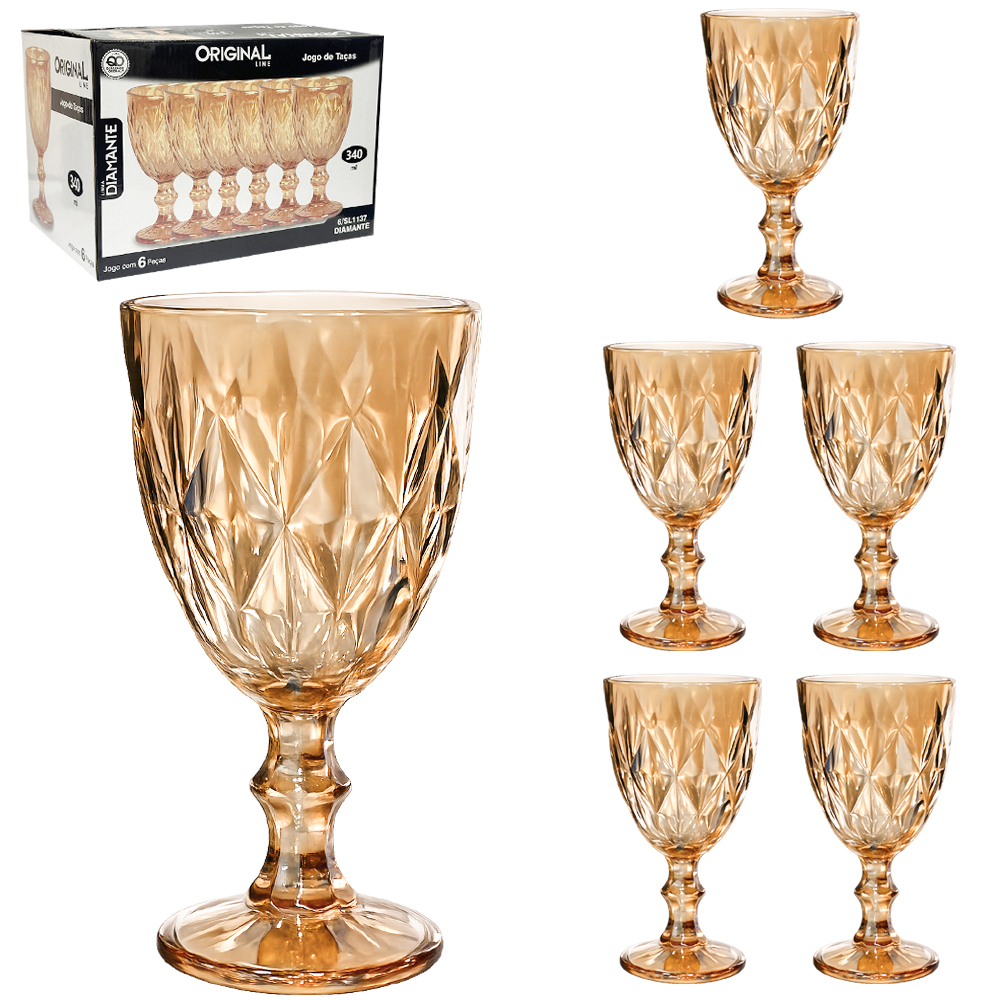 JOGO DE TACA DE VIDRO PARA AGUA / VINHO DIAMANTE AMBAR COM 6 PECAS 340ML