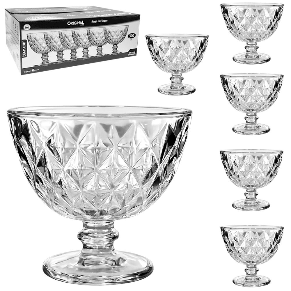 JOGO DE TACA DE VIDRO REDONDA PARA SOBREMESA DIAMANTE COM 6 PECAS 300ML