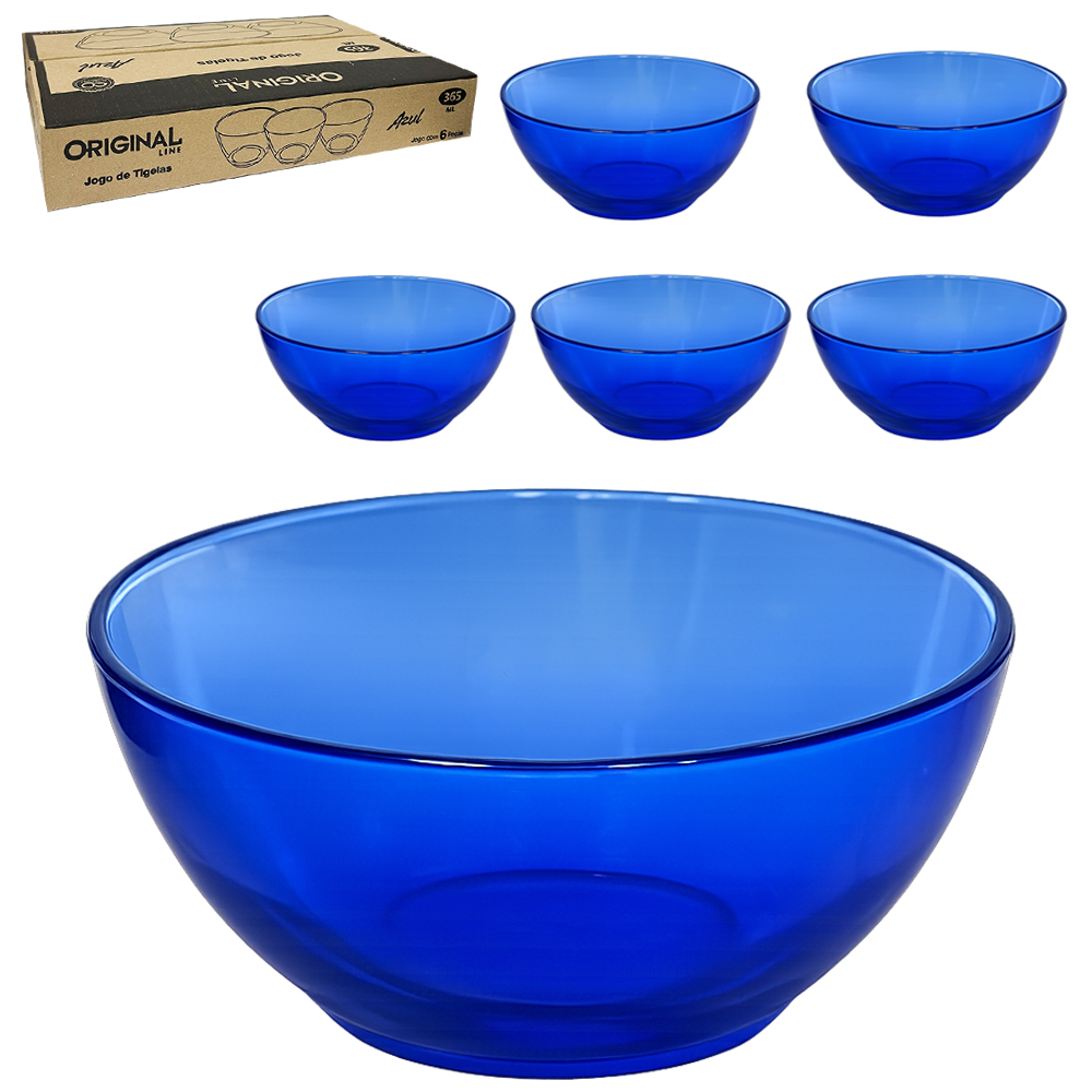 JOGO DE TIGELA DE VIDRO REDONDA PARA SOBREMESA PACIFICO AZUL COM 6 PECAS 365ML 12CM DE Ø