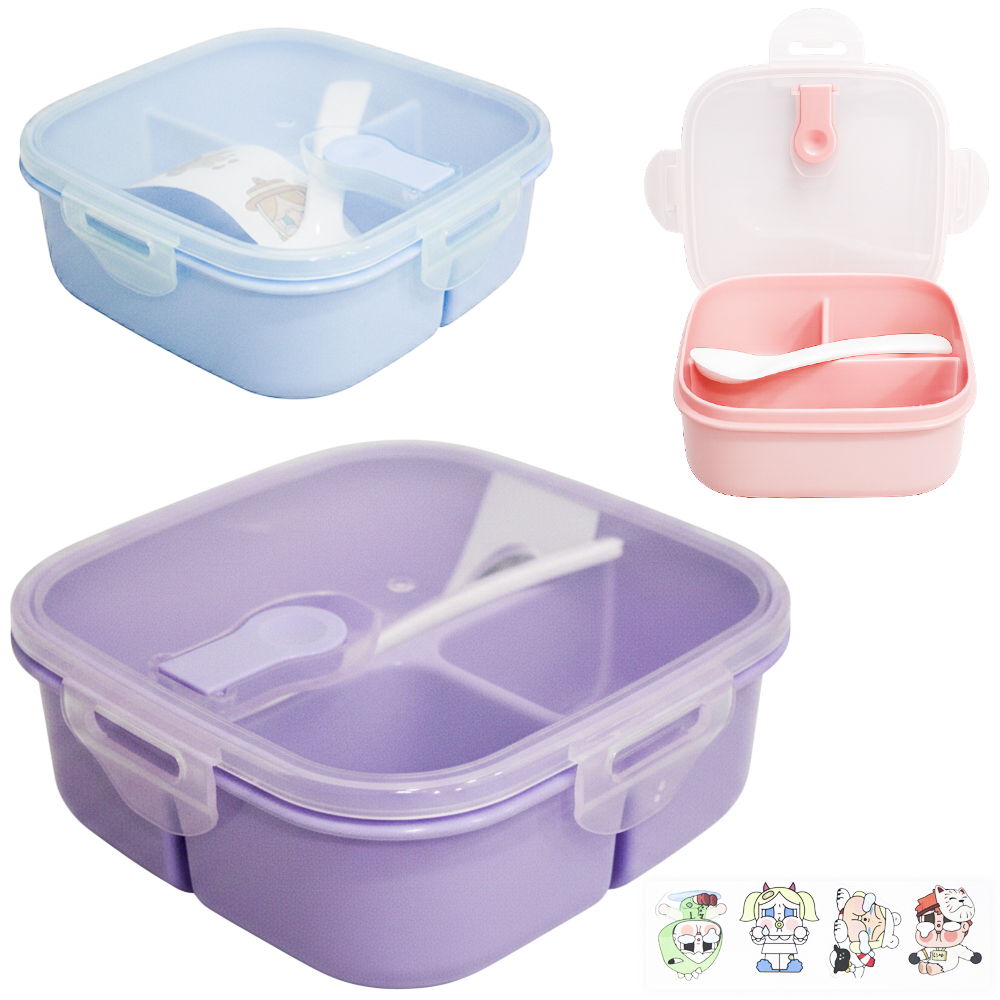 MARMITA DE PLASTICO QUADRADA BONECO CRY COM 3 DIVISORIAS + COLHER E TRAVA LATERAL E ADESIVO 5,5X15CM