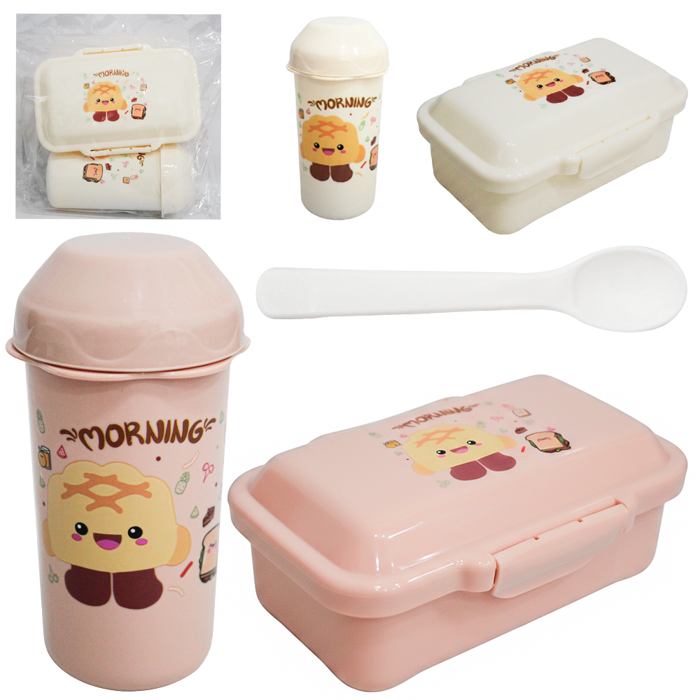 KIT ALIMENTACAO / PAPINHA VIAGEM MARMITA DE PLASTICO RETANGULAR COM TAMPA + COLHER E COPO 300ML