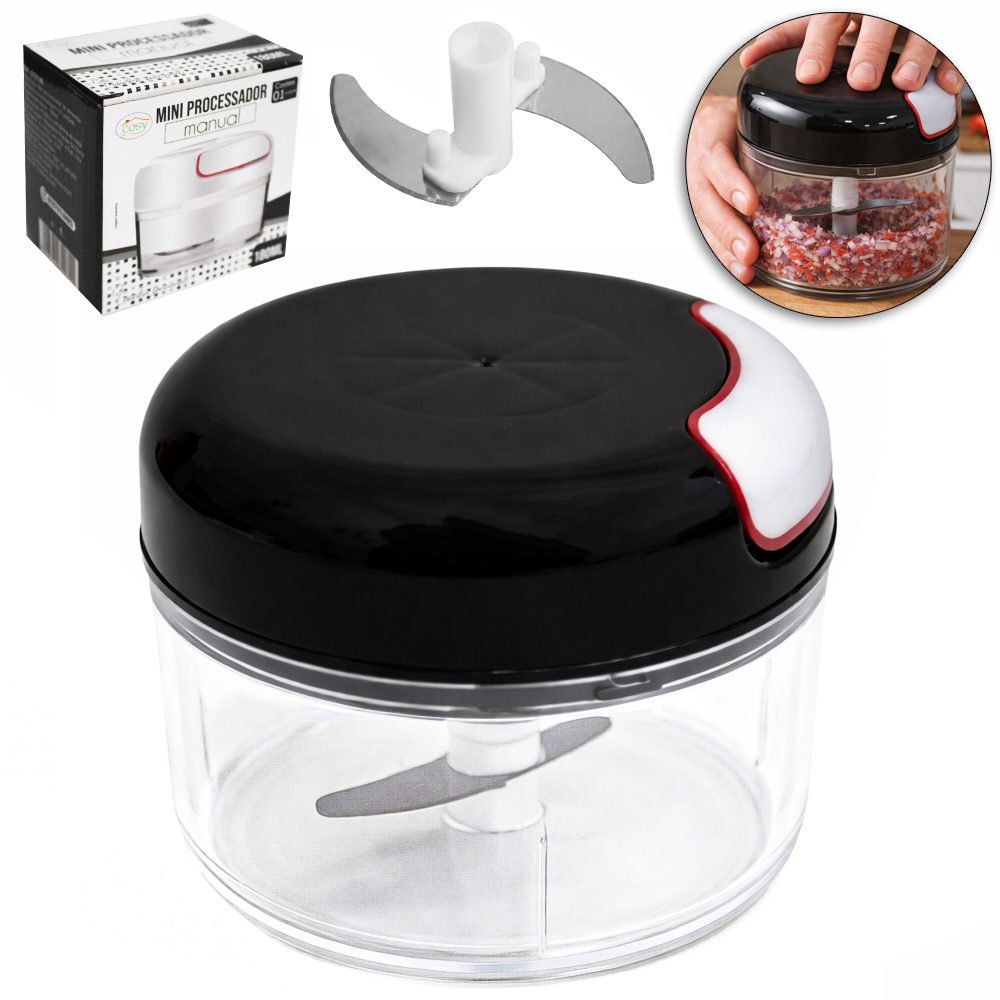 PROCESSADOR DE ALIMENTOS MANUAL A CORDA COM 2 LAMINAS DE INOX 180ML 6,5X8,5CM DE Ø