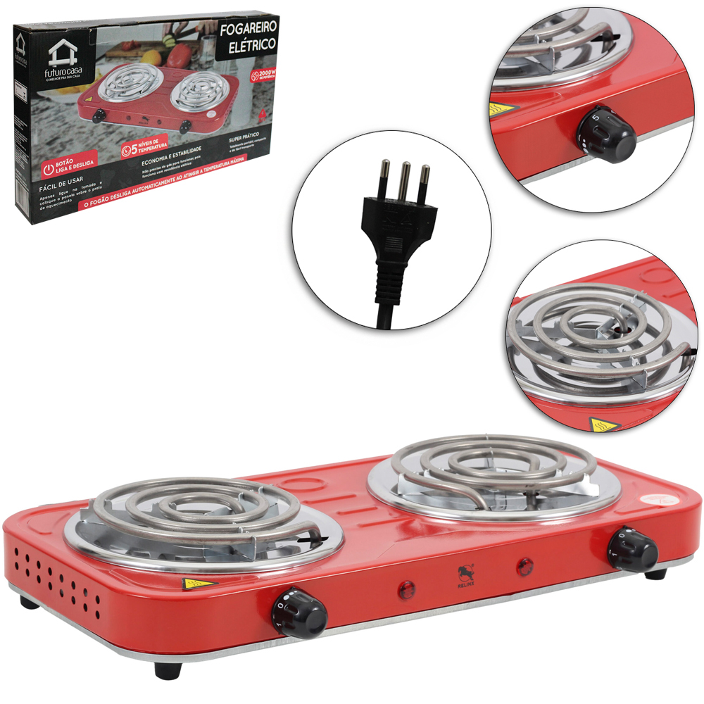 FOGAREIRO / FOGAO ELETRICO PORTATIL ESPIRAL 2 BOCAS 127V VERMELHO 2000W RELINX