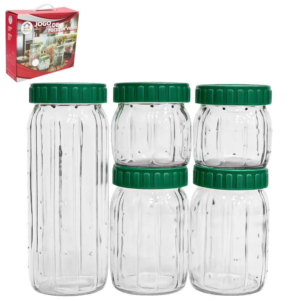 CONJUNTO DE POTE DE VIDRO REDONDO COM TAMPA DE PLASTICO 5 PECAS 1000/600/320ML