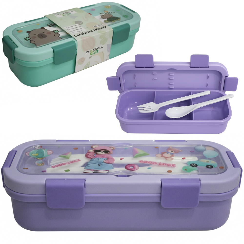 LANCHEIRA MARMITA DE PLASTICO RETANGULAR COM 3 DIVISORIAS + COLHER + GARFO E TRAVA LATERAL FLEXGOLD KIDS
