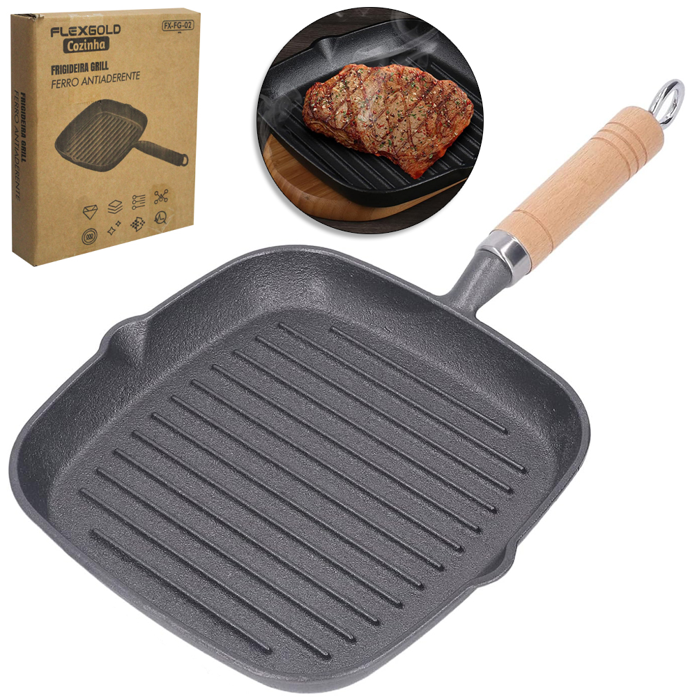 FRIGIDEIRA GRILL QUADRADA ANTIADERENTE PRETA CABO MADEIRA FLEXGOLD 22CM
