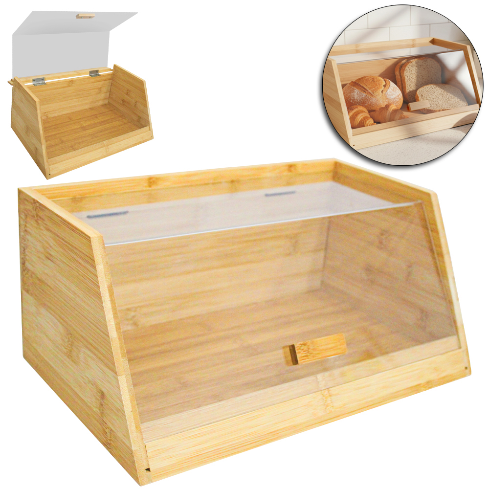 PORTA PAO DE BAMBU RETANGULAR COM TAMPA DE PLASTICO FACILE 35X21,3X15,5CM