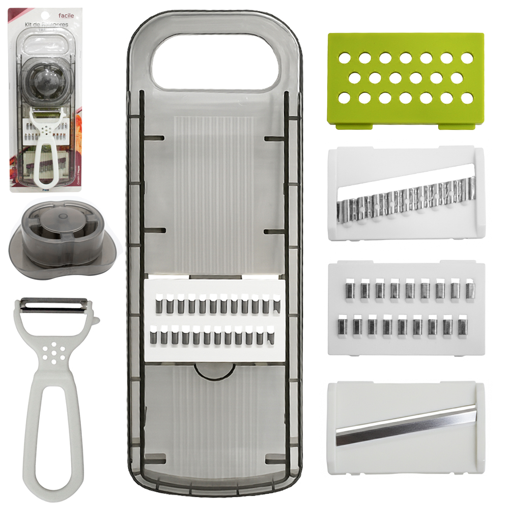 CORTADOR FATIADOR E RALADOR + DESCASCADOR DE FRUTAS / LEGUMES DE INOX / PLASTICO + 5 LAMINAS FACILE 7 PECAS