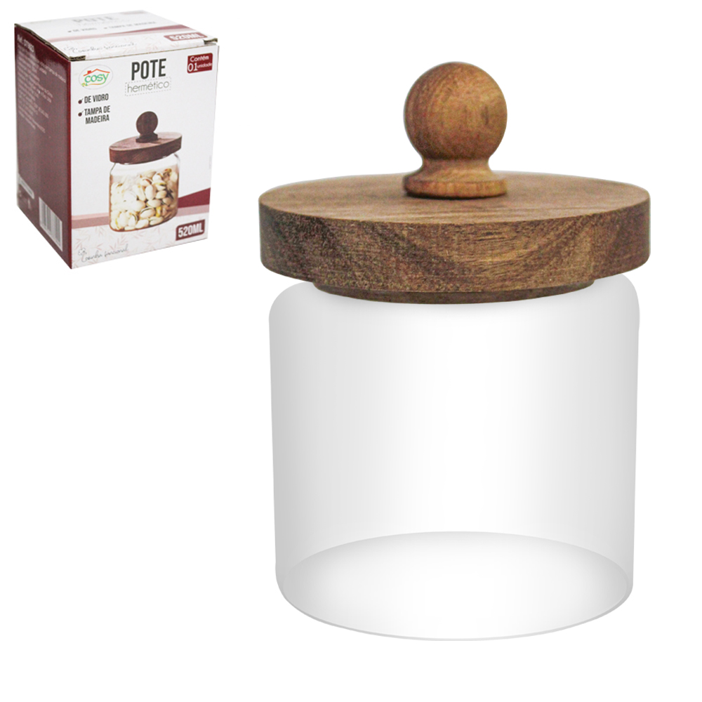 POTE DE VIDRO BOROSSILICATO REDONDO COM TAMPA HERMETICA MADEIRA / BAMBU 520ML