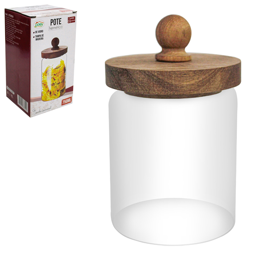 POTE DE VIDRO BOROSSILICATO REDONDO COM TAMPA HERMETICA MADEIRA / BAMBU 750ML
