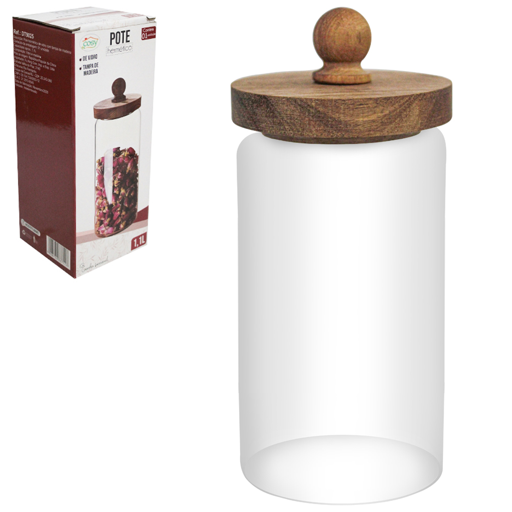 POTE DE VIDRO BOROSSILICATO REDONDO COM TAMPA HERMETICA MADEIRA / BAMBU 1100ML