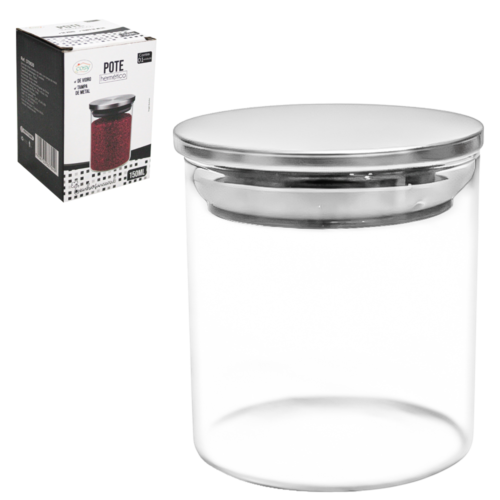 POTE DE VIDRO BOROSSILICATO REDONDO COM TAMPA HERMETICA DE INOX 150ML