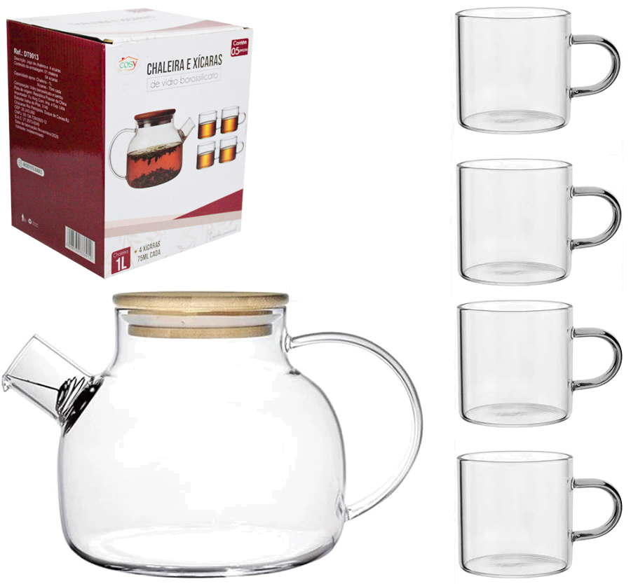 CHALEIRA DE VIDRO COM 4 XICARAS + COADOR INOX NO BICO E COM TAMPA DE BAMBU 1L/75ML 