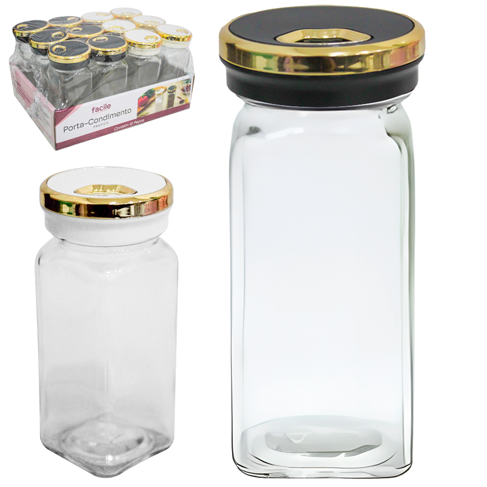 PORTA CONDIMENTO / QUEIJEIRA DE VIDRO COM TAMPA PRETO / BRANCO BORDA DOURADA