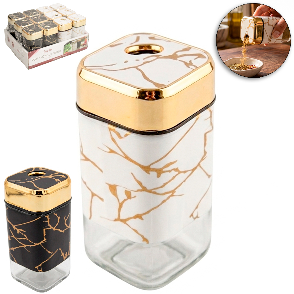 PORTA CONDIMENTO / QUEIJEIRA DE VIDRO MARMORE COM TAMPA BORDA DOURADA 120ML